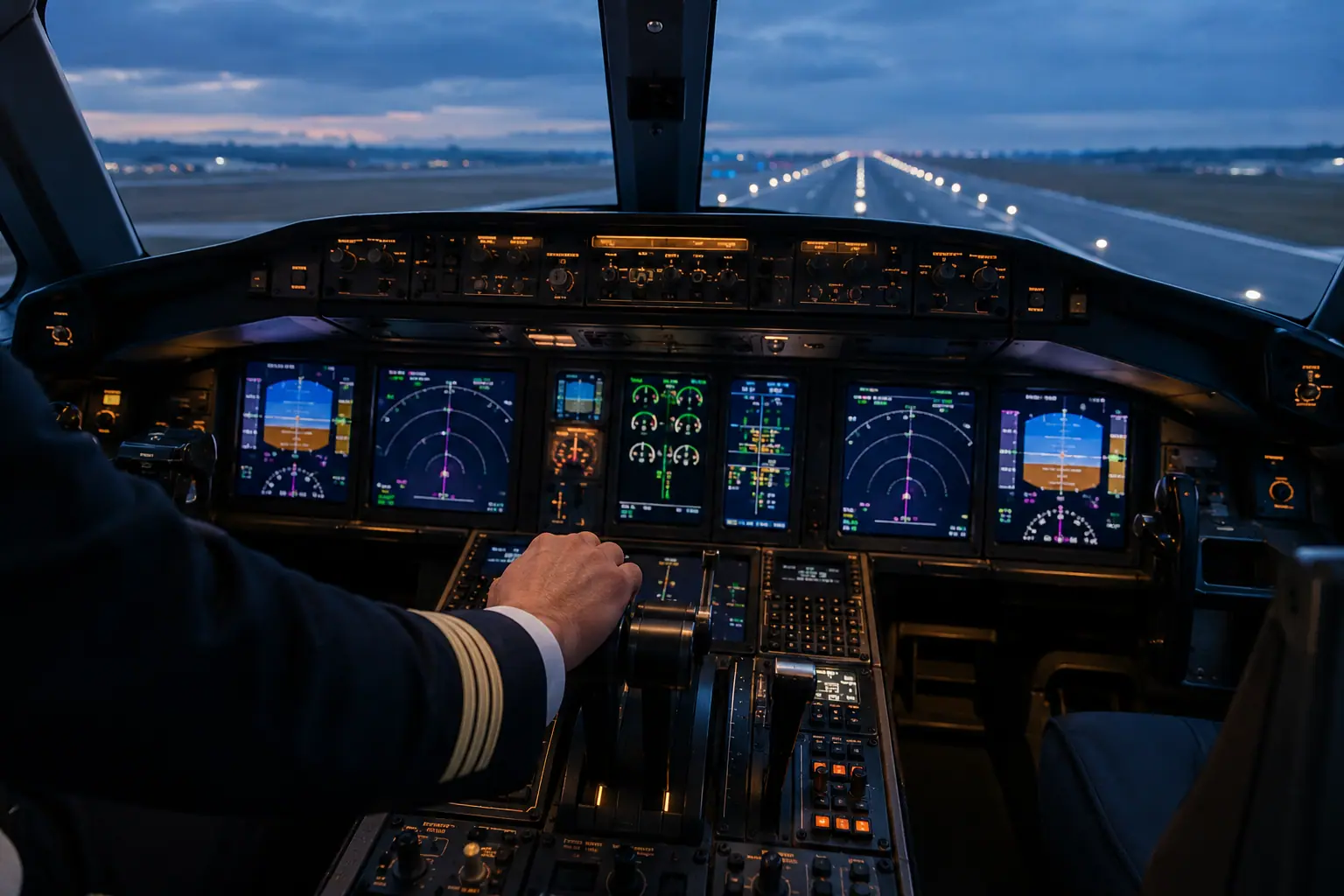 Business jet cockpit before departure