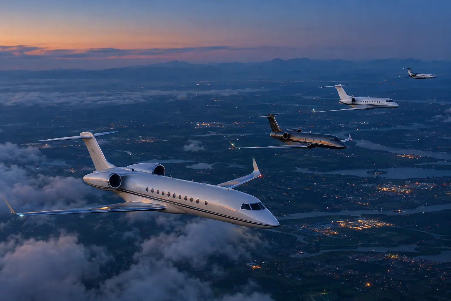 Business jets of different sizes on a ramp